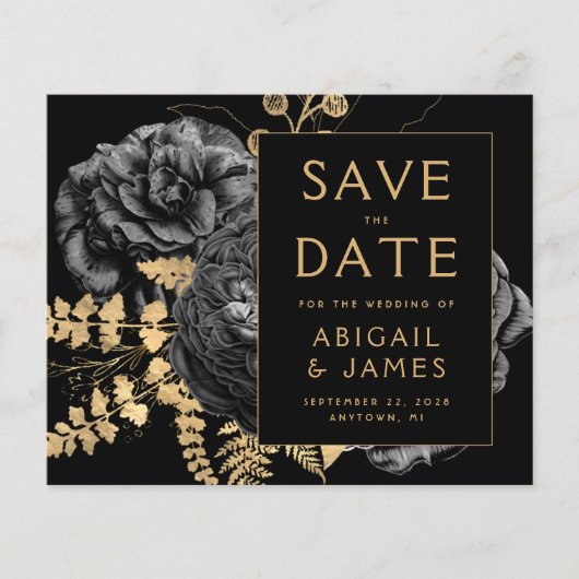 Budget Bloemen Zwart Goud Trouwen Save the Date (Voorkant)