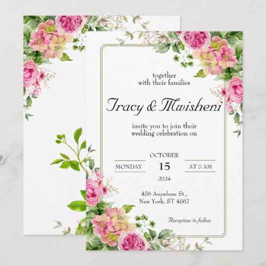 Budget bloemenroze bruiloft kaart (Voorkant / Achterkant)