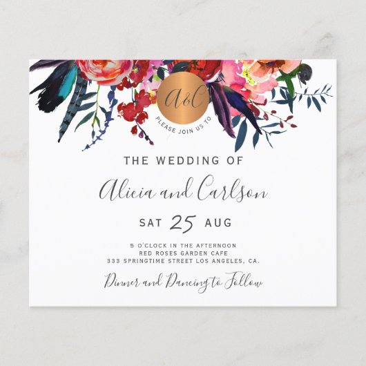 Budget bloemige boho monogram gehuwelijksuitnodigi flyer (Voorkant)
