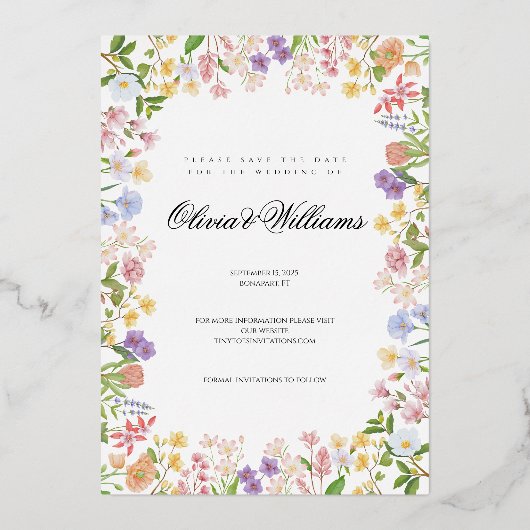 Budget bloemige elegante script bruiloft uitnodigi folie uitnodiging (Voorkant)