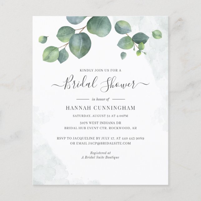 Budget Bloemige Eucalyptus Script Bruidsborrel (Voorkant)