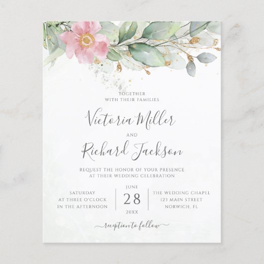 Budget Bloemige Eucalyptusbladeren Trouw Uitnodigi (Voorkant)