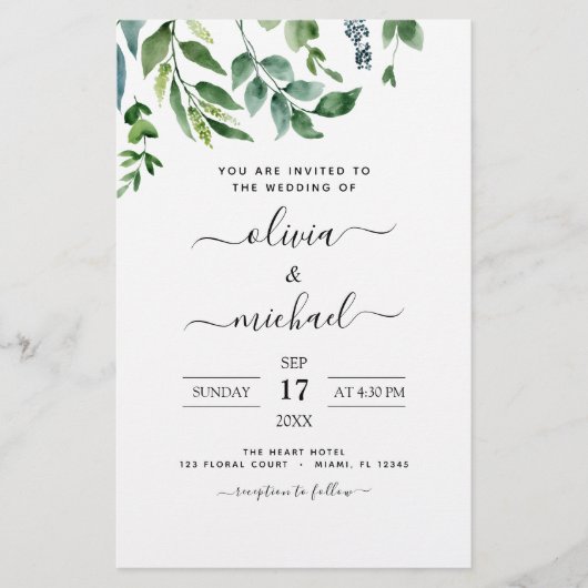 Budget bloemige groene trouwkaarten (Voorkant)