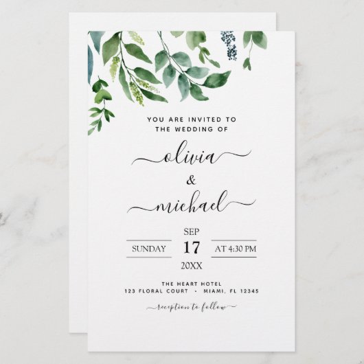 Budget bloemige groene trouwkaarten (Voorkant / Achterkant)