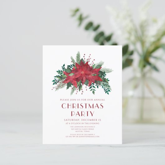 Budget Bloemige Poinsettia Kerstfeest Uitnodiging (Staand voorkant)