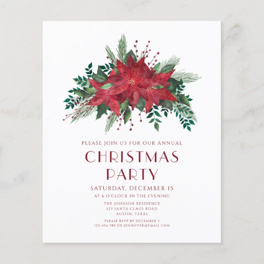 Budget Bloemige Poinsettia Kerstfeest Uitnodiging (Voorkant)