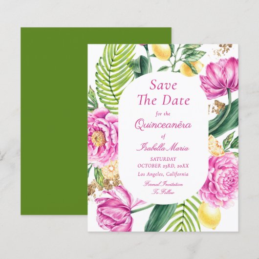 Budget Bloemige Quinceañera Save The Dates (Voorkant / Achterkant)