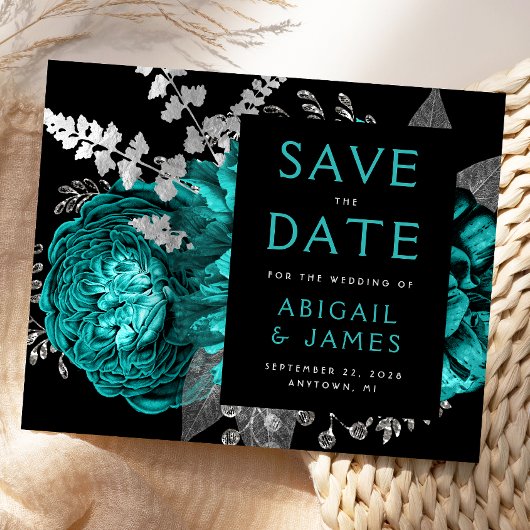 Budget bloemige turquoise zilver Save the Date