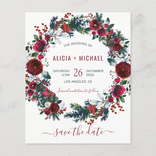 BUDGET bloemige winterkerstbruiloft datum Flyer (Voorkant)