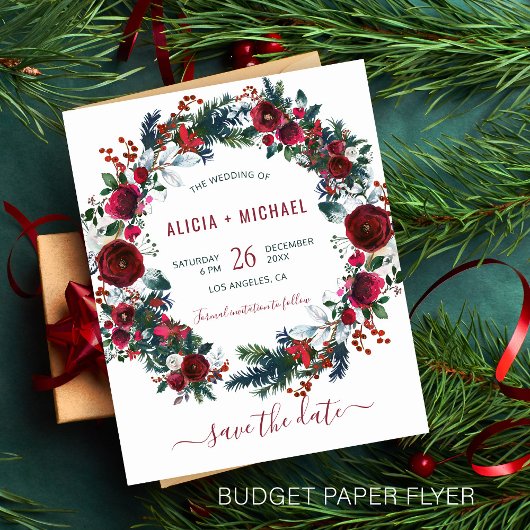 BUDGET bloemige winterkerstbruiloft datum Flyer