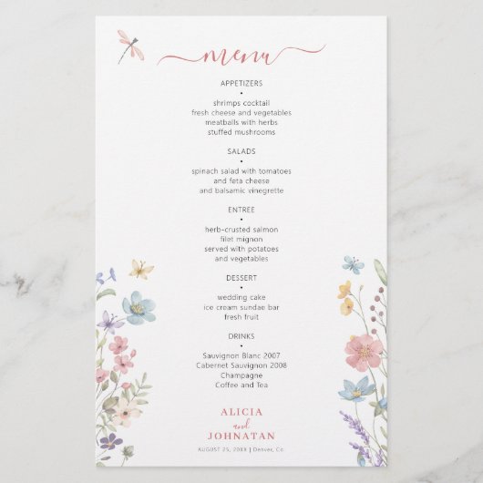 Budget bloemrijke elegante trouwmenu flyer (Voorkant)