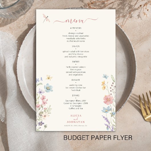 Budget bloemrijke elegante trouwmenu flyer