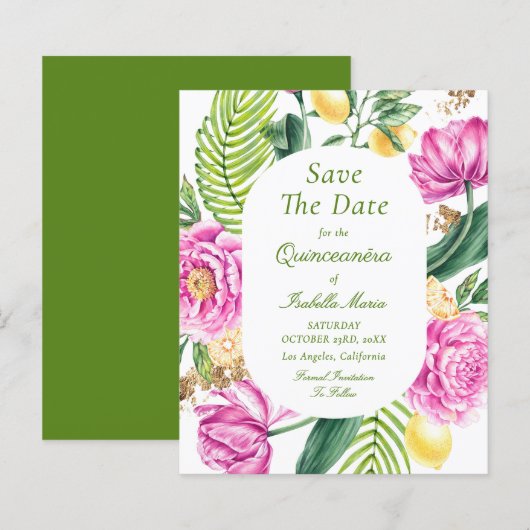 Budget Bloemstuk Quinceañera Save The Dates (Voorkant / Achterkant)