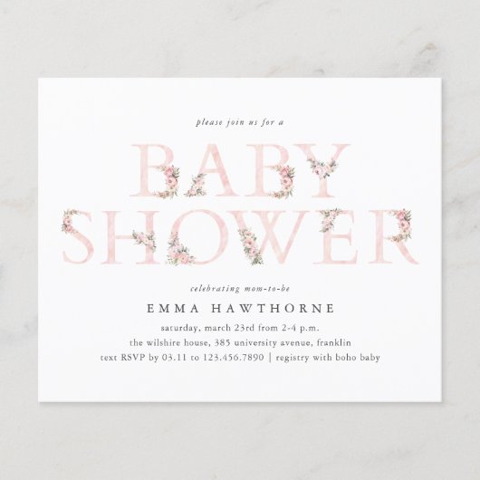 Budget bloemtype meisjes babyshower uitnodiging (Voorkant)