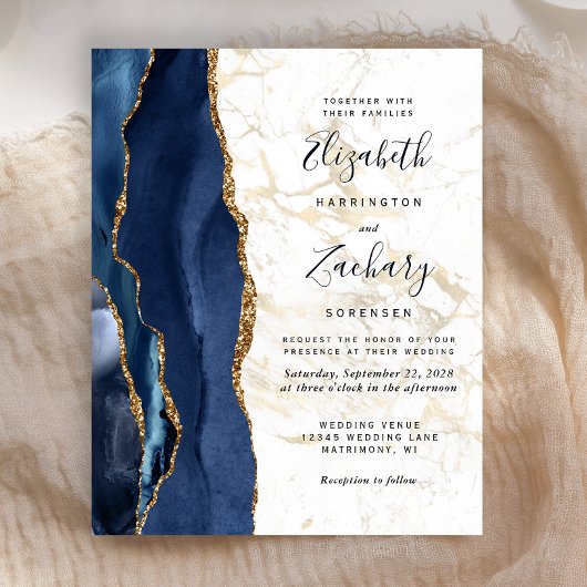 Budget Blue Agate Gold Marble Wedding Uitnodiging