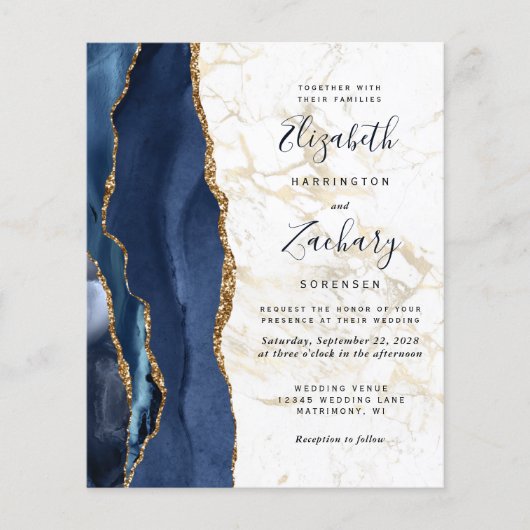 Budget Blue Agate Gold Marble Wedding Uitnodiging (Voorkant)