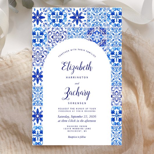 Budget Blue Arch Portugese Tegel Wedding Invite