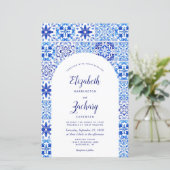 Budget Blue Arch Portugese Tegel Wedding Invite (Staand voorkant)