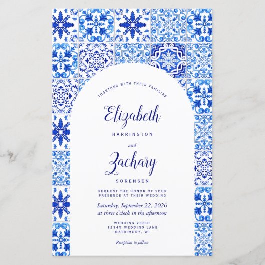 Budget Blue Arch Portugese Tegel Wedding Invite (Voorkant)