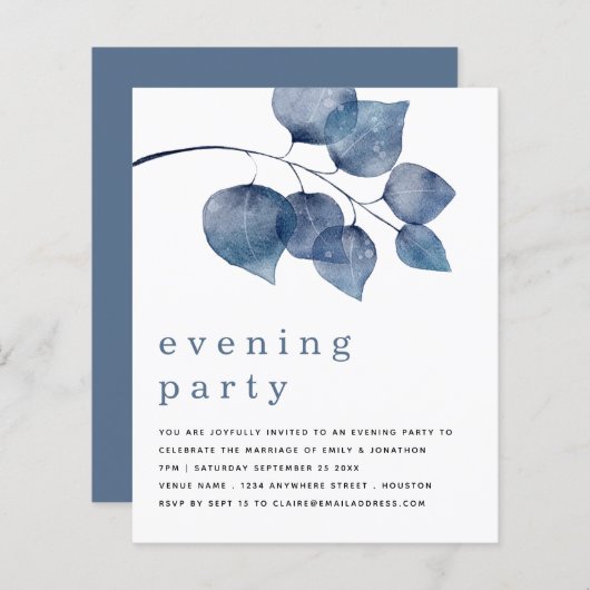 Budget Blue Artsy Foliage Evage Party Uitnodiging (Voorkant / Achterkant)