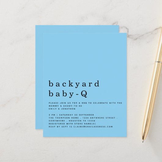 Budget Blue Backyard Baby Q BBQ Shower Invite (Voorkant / Achterkant in situ)