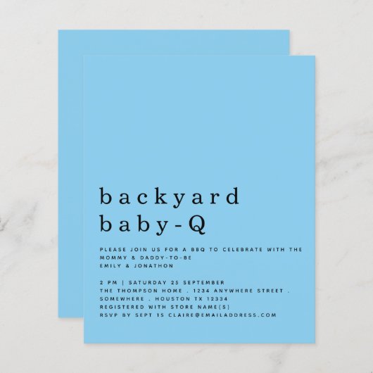Budget Blue Backyard Baby Q BBQ Shower Invite (Voorkant / Achterkant)