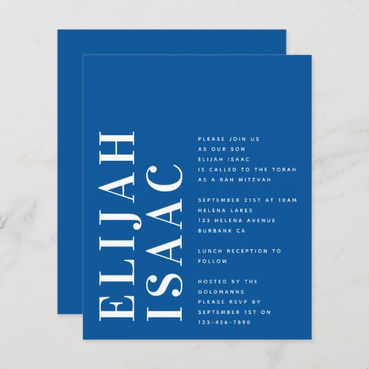 Budget Blue Bah Mitzvah uitnodiging (Voorkant / Achterkant)