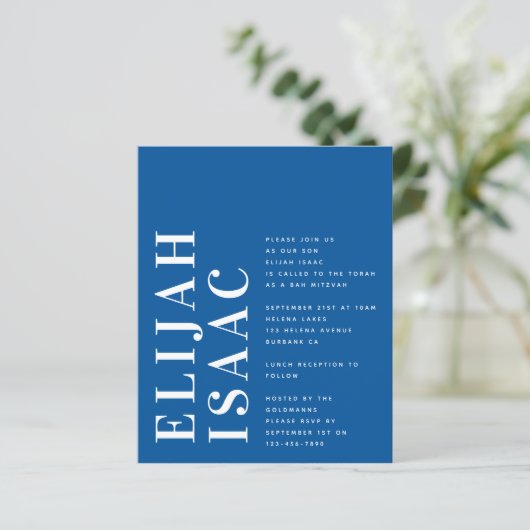Budget Blue Bah Mitzvah uitnodiging (Staand voorkant)