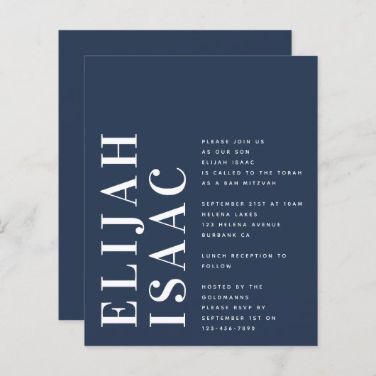 Budget Blue Bah Mitzvah uitnodiging (Voorkant / Achterkant)