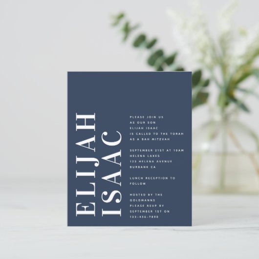 Budget Blue Bah Mitzvah uitnodiging (Staand voorkant)