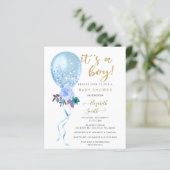 Budget Blue Balloon Boy Baby shower Uitnodiging (Staand voorkant)