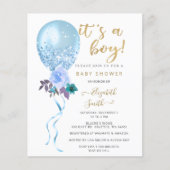 Budget Blue Balloon Boy Baby shower Uitnodiging (Voorkant)