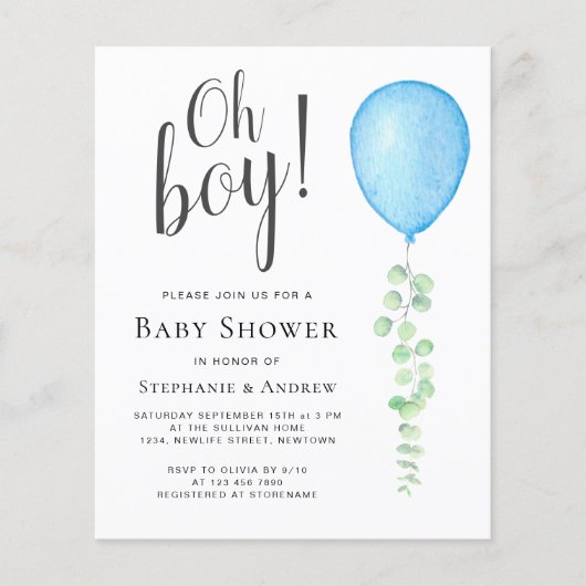 Budget Blue Balloon Couples Baby shower Invitation (Voorkant)