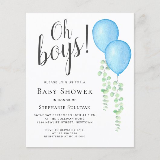 Budget Blue Balloon Twins Baby shower Invitation (Voorkant)