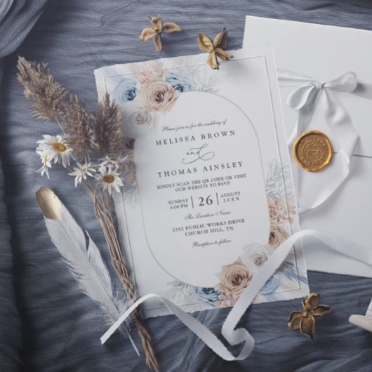 Budget Blue & Beige Boho Floral QR Code Wedding Kaart