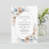 Budget Blue & Beige Boho Floral QR Code Wedding Kaart (Staand voorkant)
