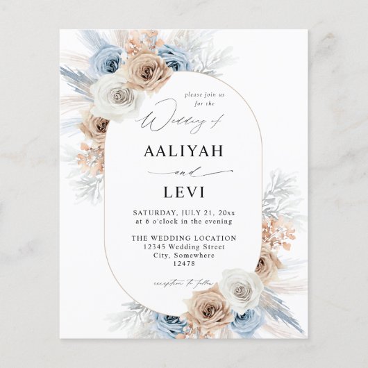 Budget Blue & Beige Boho Floral Wedding 2 Flyer (Voorkant)