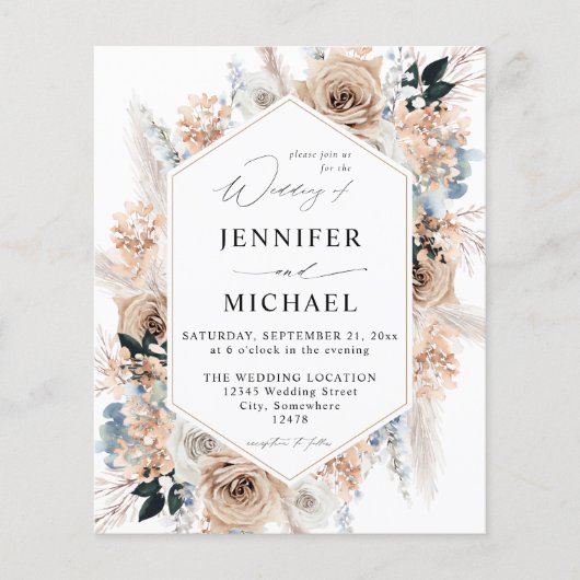 Budget Blue & Beige Boho Floral Wedding Flyer (Voorkant)