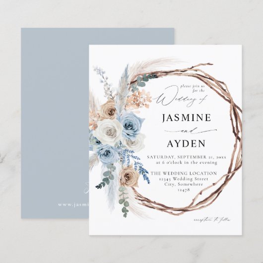 Budget Blue & Beige Boho Floral Wreath Wedding B (Voorkant / Achterkant)