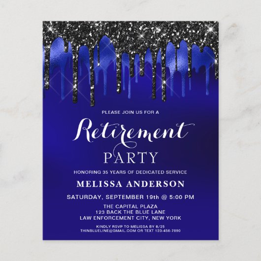 Budget Blue Black Glitter Drift Retirement Party (Voorkant)