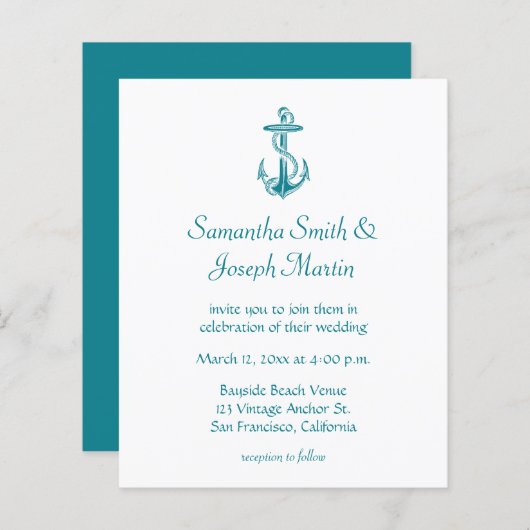 Budget Blue Blauwgroen  Anchor Wedding Uitnodiging (Voorkant / Achterkant)