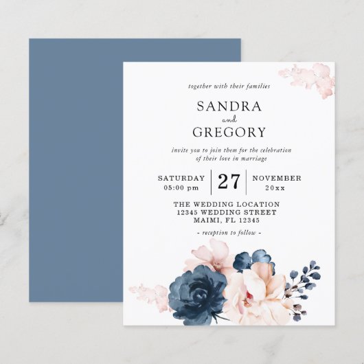 Budget Blue, Blush Pink Blue Floral Wedding Flyer (Voorkant / Achterkant)
