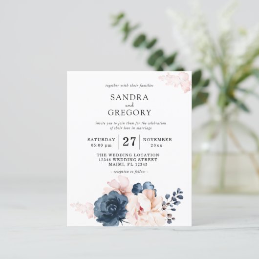 Budget Blue, Blush Pink Blue Floral Wedding Flyer (Staand voorkant)