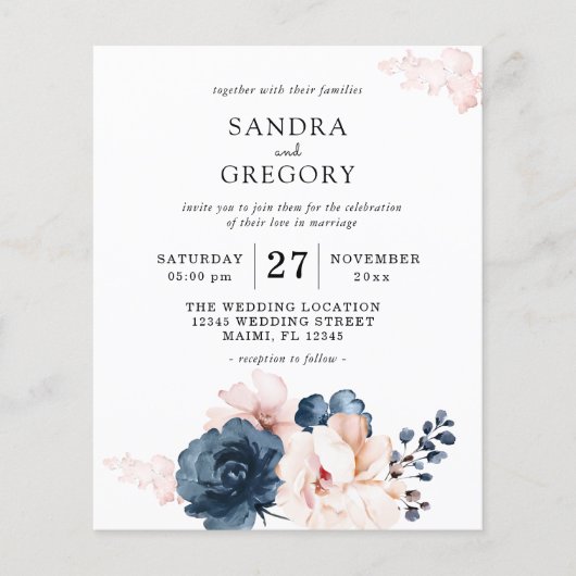 Budget Blue, Blush Pink Blue Floral Wedding Flyer (Voorkant)