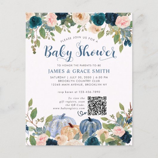 Budget Blue Blush Pink Floral Pumpkin Baby shower (Voorkant)