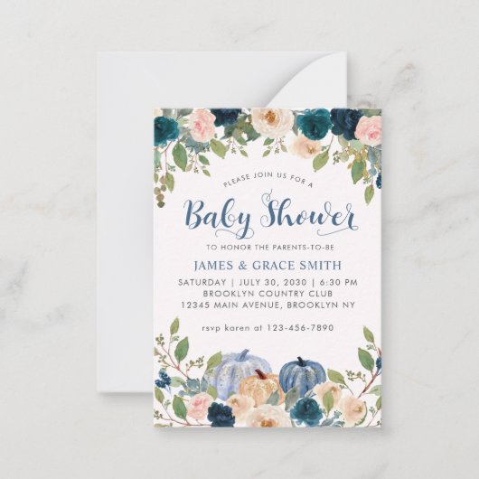 Budget Blue Blush Pink Floral Pumpkin Baby shower Notitiekaartje (Voorkant)