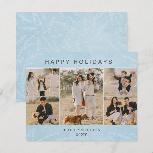 Budget Blue Botanical 5 photoCollage Holiday Card (Voorkant / Achterkant)