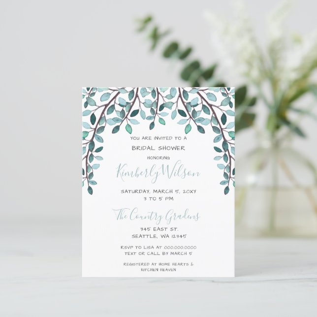 Budget Blue Botanical Bridal Shower Invitation (Staand voorkant)