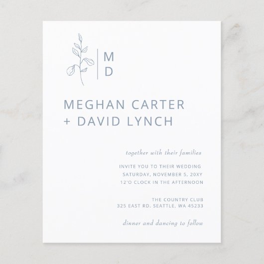 Budget Blue Botanical Monogram Weddenschap (Voorkant)