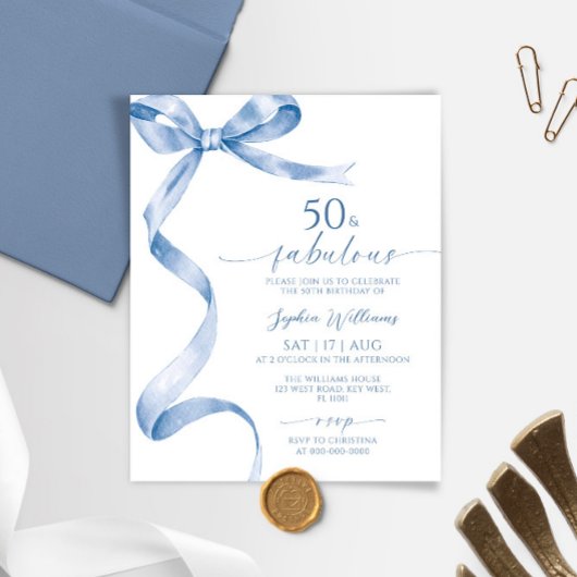 Budget Blue Bow 50 & Fabulous Verjaardag Uitnodigi